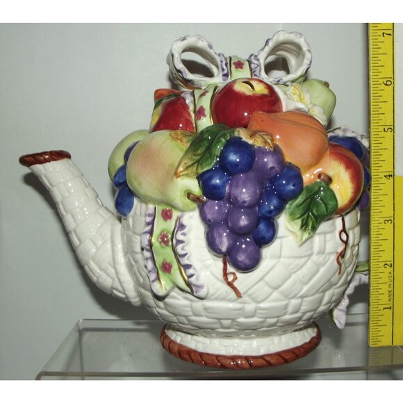 Teapot floral bow porcelain ceramic basketweave fruit with lid multicolor - Picture 2 of 16